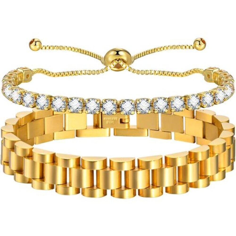 2pcs 18K Gold Plated Chain Link Bracelet, Stainless Steel Crystal